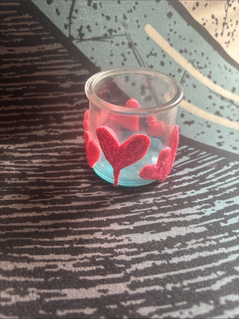 Handcrafted Clay Covered Glass Holder with Pink Heart Accents
